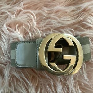 Authentic Used Gucci Army Green and Beige stripe Belt